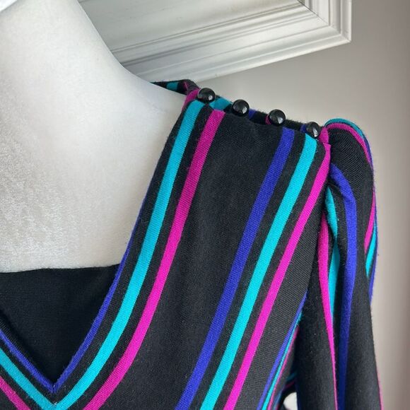 Vintage Sally Petite 80s Longsleeve Black Fit Flare Tie Chevron Striped Dress - Picture 5 of 16